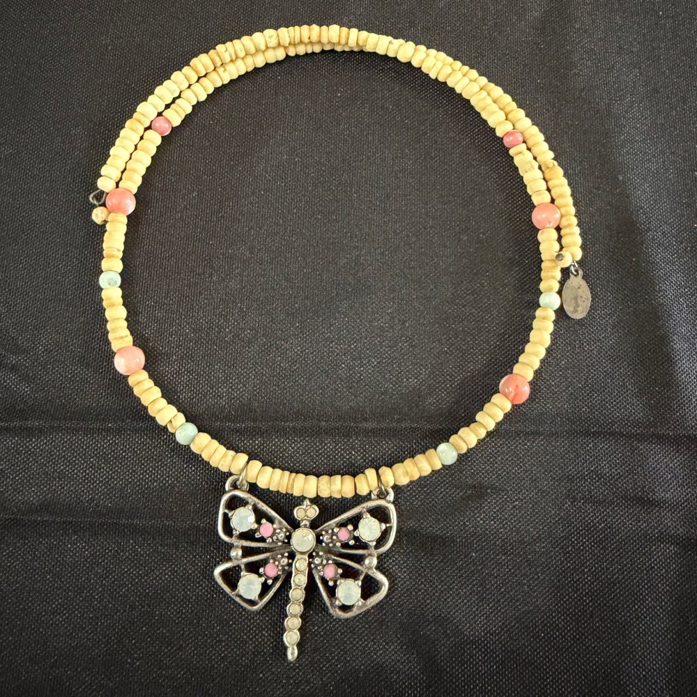 BeauJ Dragonfly Memory Wire Wrap Necklace Silver Tone Wood Bead Boho Rhinestone